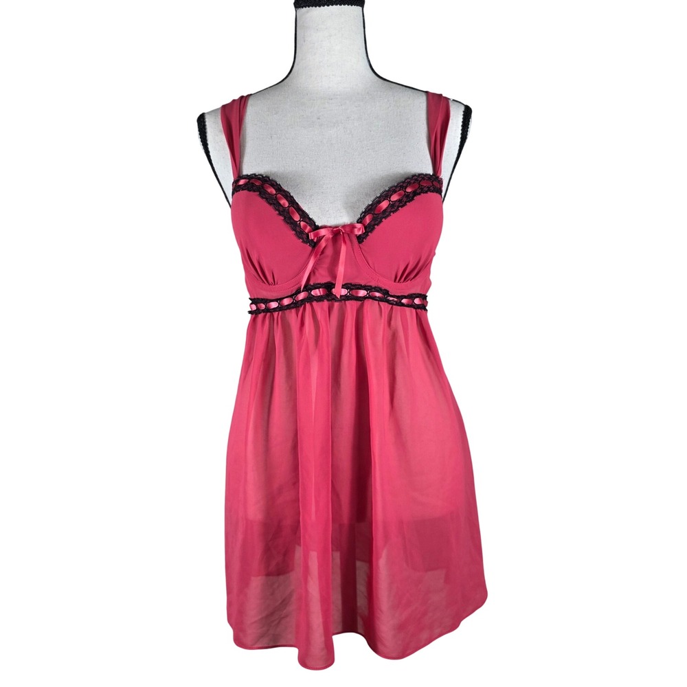 Gilligan & O'Malley Babydoll Lingerie Set Red Sheer Lace Trim M Lingerie, Red